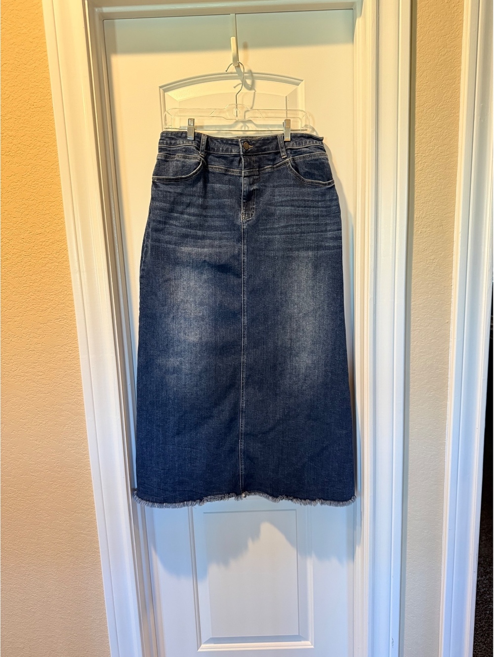 Wash Lab Denim Maxi Skirt 32 Dark Wash Raw Hem Long Jean Skirt